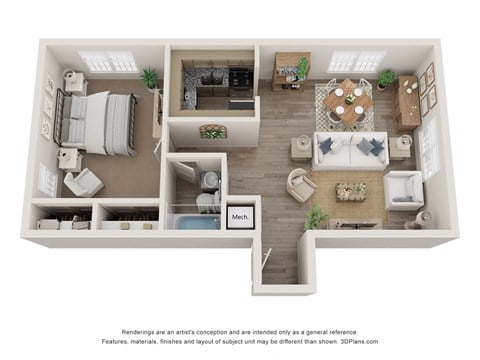 Floor plan for 1 bed, 1 bath, 1000 sqft